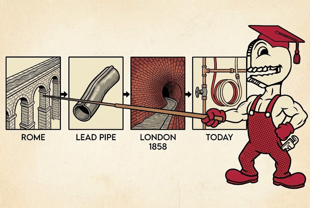 Timeline: Roman aqueduct, lead pipe, 1850s London sewer, modern copper and PEX piping