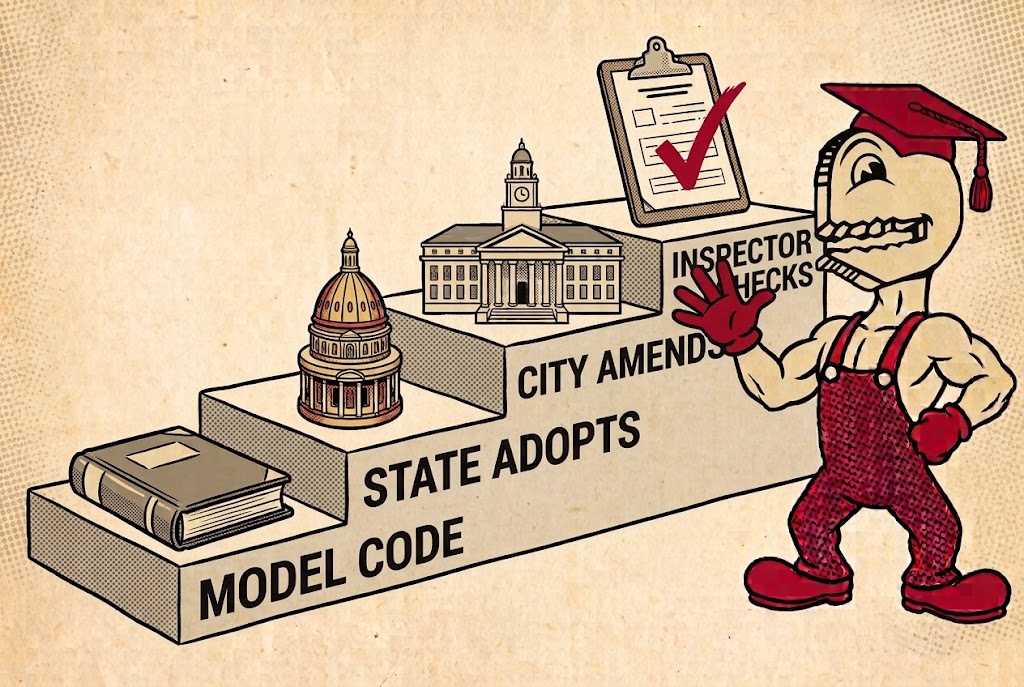 Flow diagram: model code, state adoption, city amendments, and job site inspection