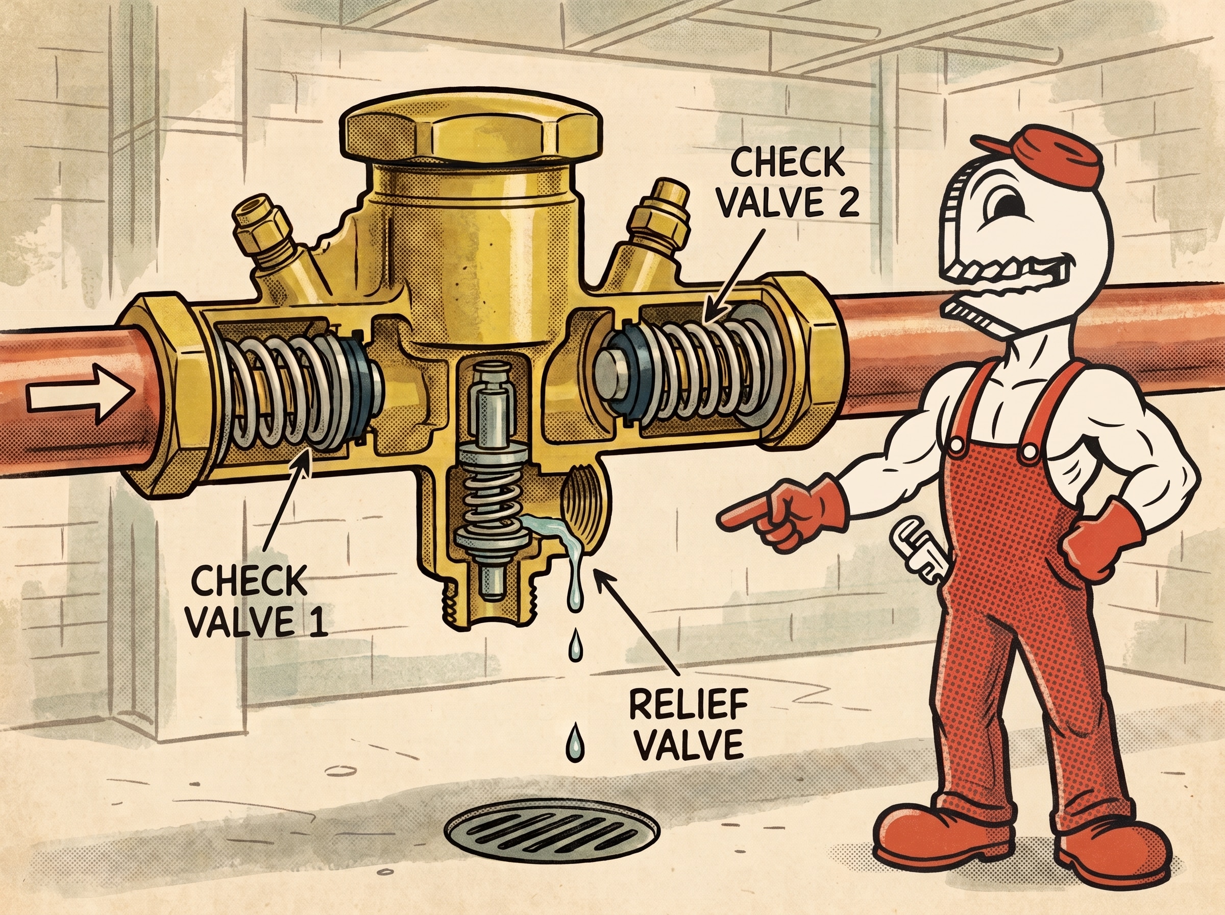 Cutaway diagram of a reduced pressure zone backflow assembly with two check valves and a relief valve