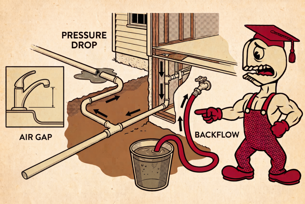 Back-siphonage diagram showing a garden hose in a bucket and an air gap